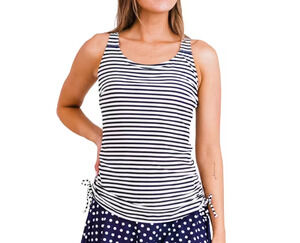 NWT Ella Mae Maya Striped Tankini Swim Top Womens S Black White Ruched Racerback